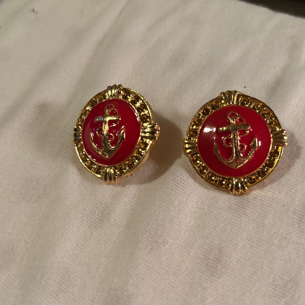 Gold and Red Anchor Earrings